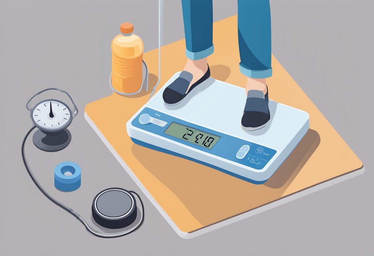 A person standing on a scale, with the scale showing a lower weight. Nearby, a blood pressure monitor displays a low reading