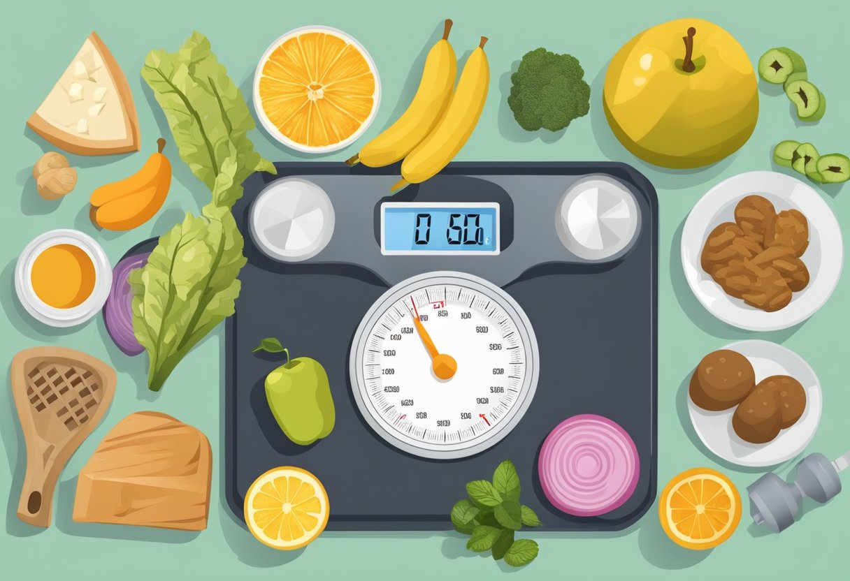 A scale surrounded by various foods and exercise equipment, symbolizing the struggle and complexity of weight loss