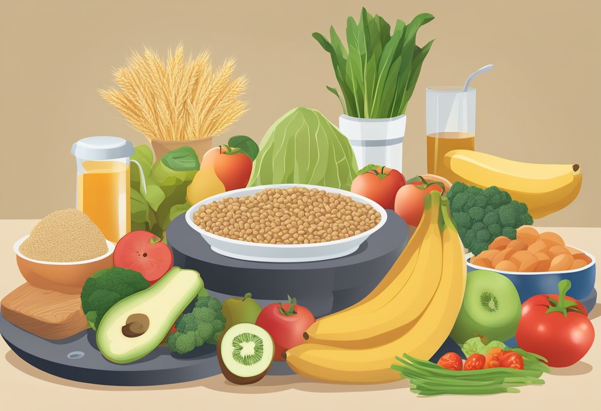 A variety of healthy foods arranged on a table, including fruits, vegetables, lean proteins, and whole grains. A scale in the background symbolizes the challenge of weight loss