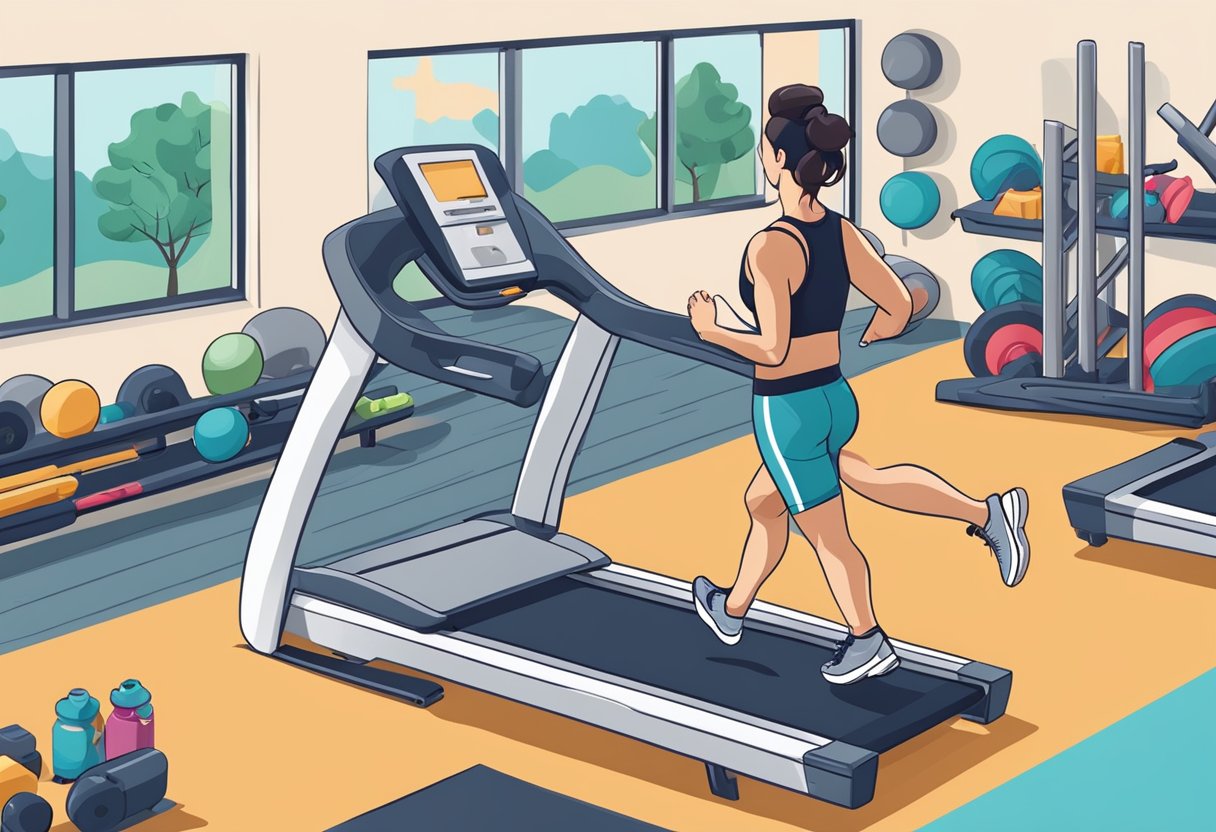 A person running on a treadmill, surrounded by various workout equipment in a gym