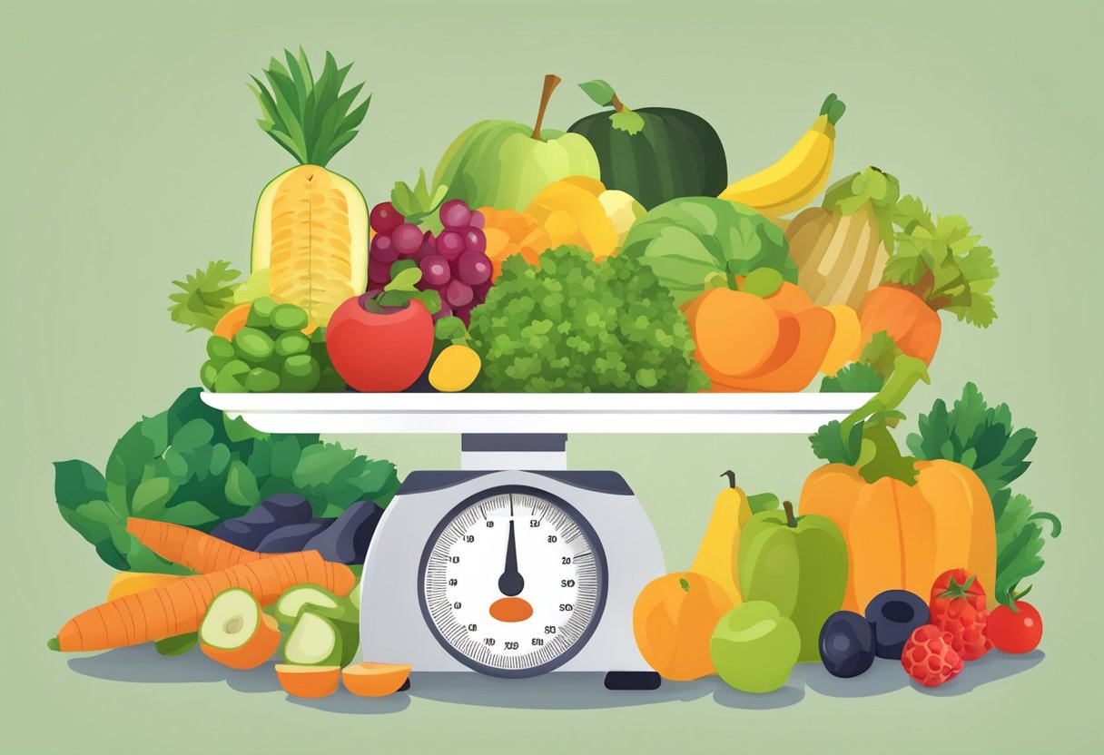 A scale surrounded by fruits, vegetables, and a tape measure, symbolizing the importance of weight loss for health and wellness