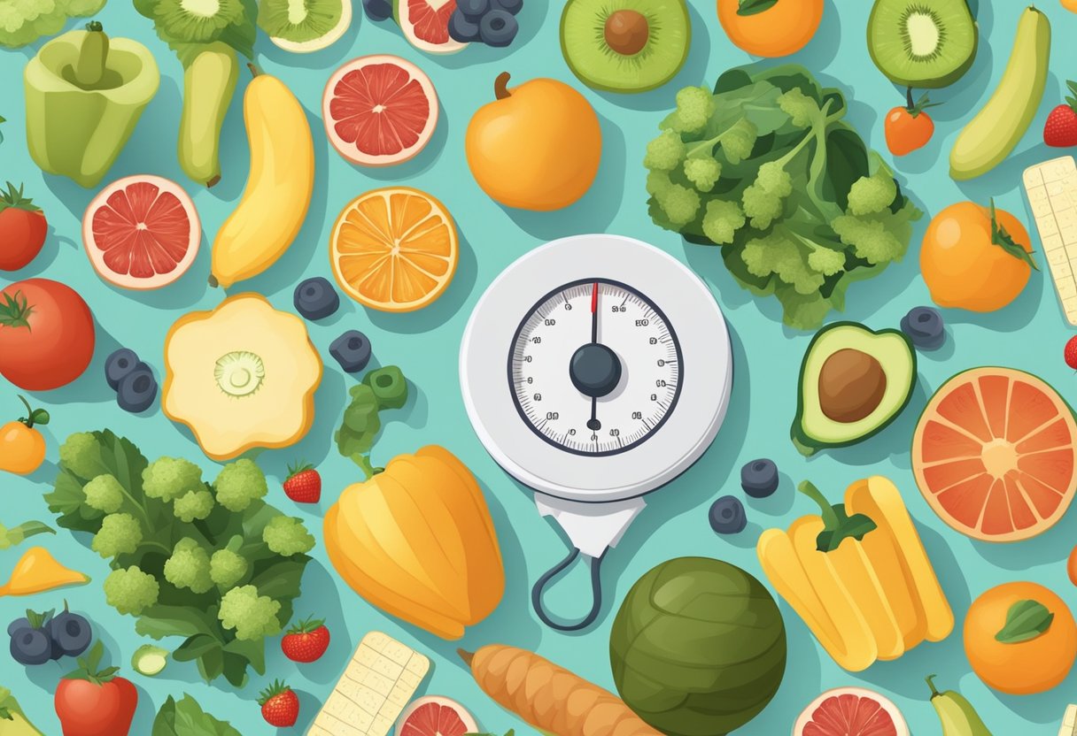 A scale surrounded by healthy foods and exercise equipment