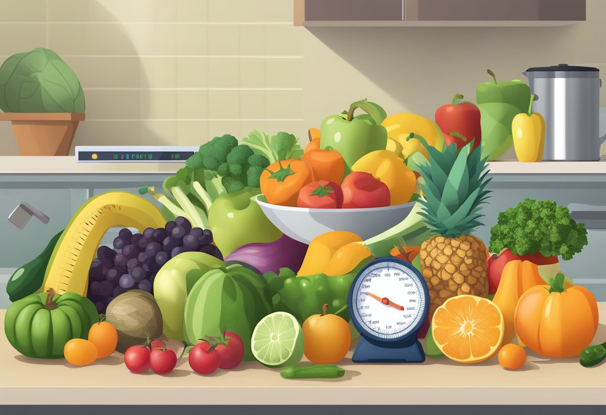 A variety of fresh fruits and vegetables arranged on a kitchen counter, alongside a measuring tape and a scale, symbolizing a focus on healthy eating and portion control for weight loss