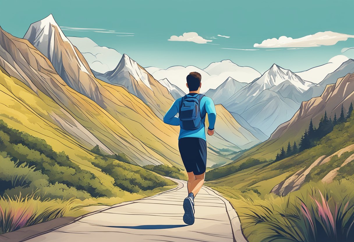 A person jogging on a scenic trail with mountains in the background