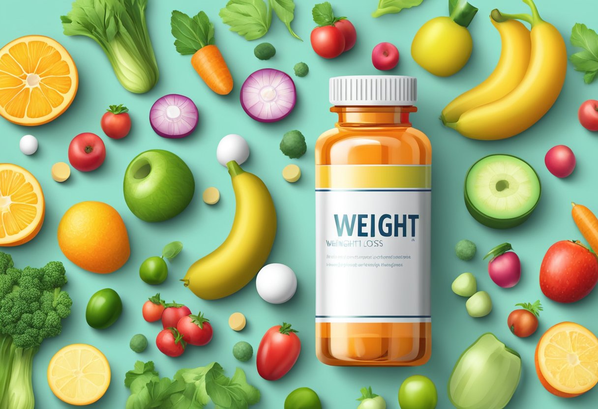 A bottle of weight loss pills surrounded by fresh fruits and vegetables