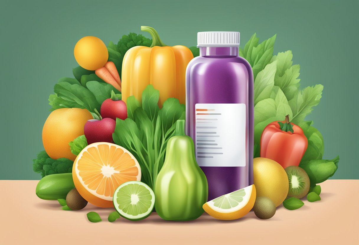 A bottle of weight loss medication surrounded by fresh fruits and vegetables