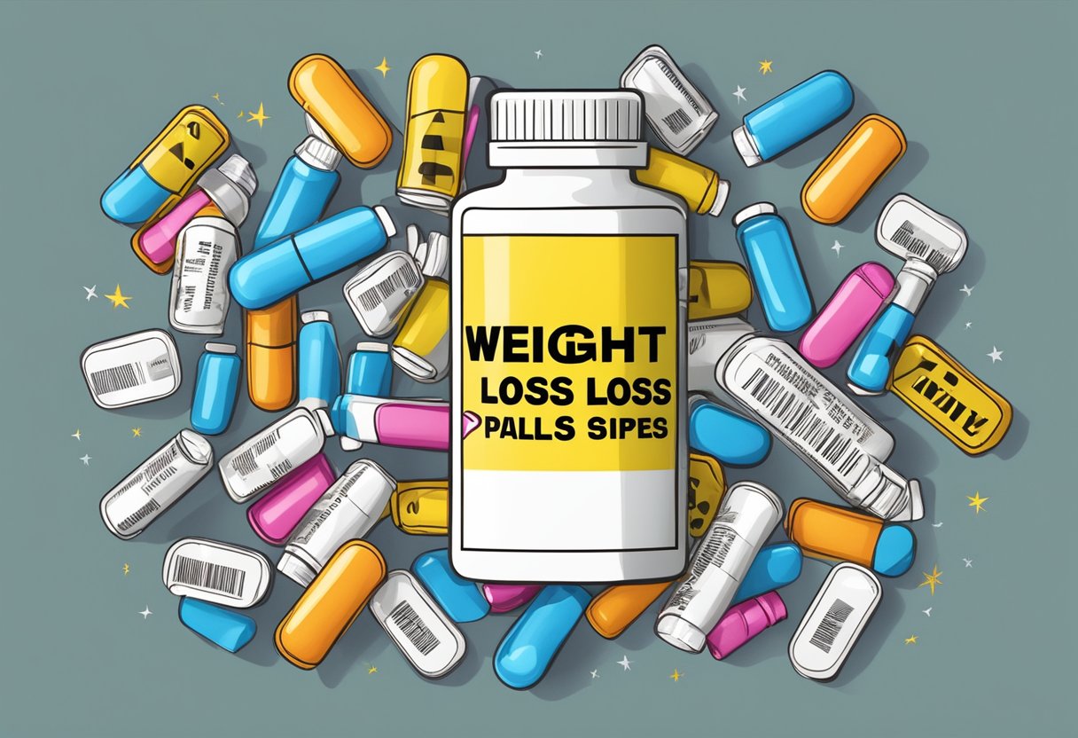 A bottle of weight loss pills surrounded by caution signs and a warning label