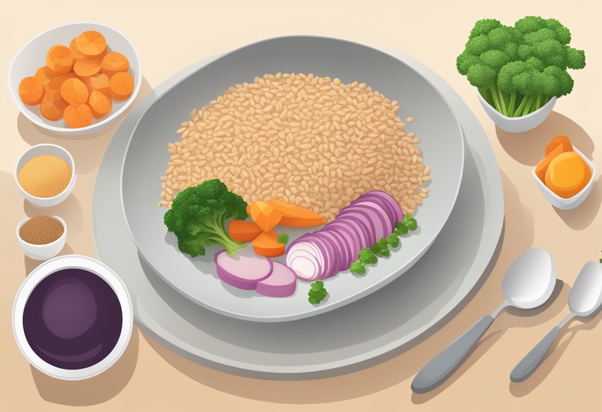 A plate with balanced portions of lean protein, vegetables, and whole grains, alongside a measuring cup and a nutrition label