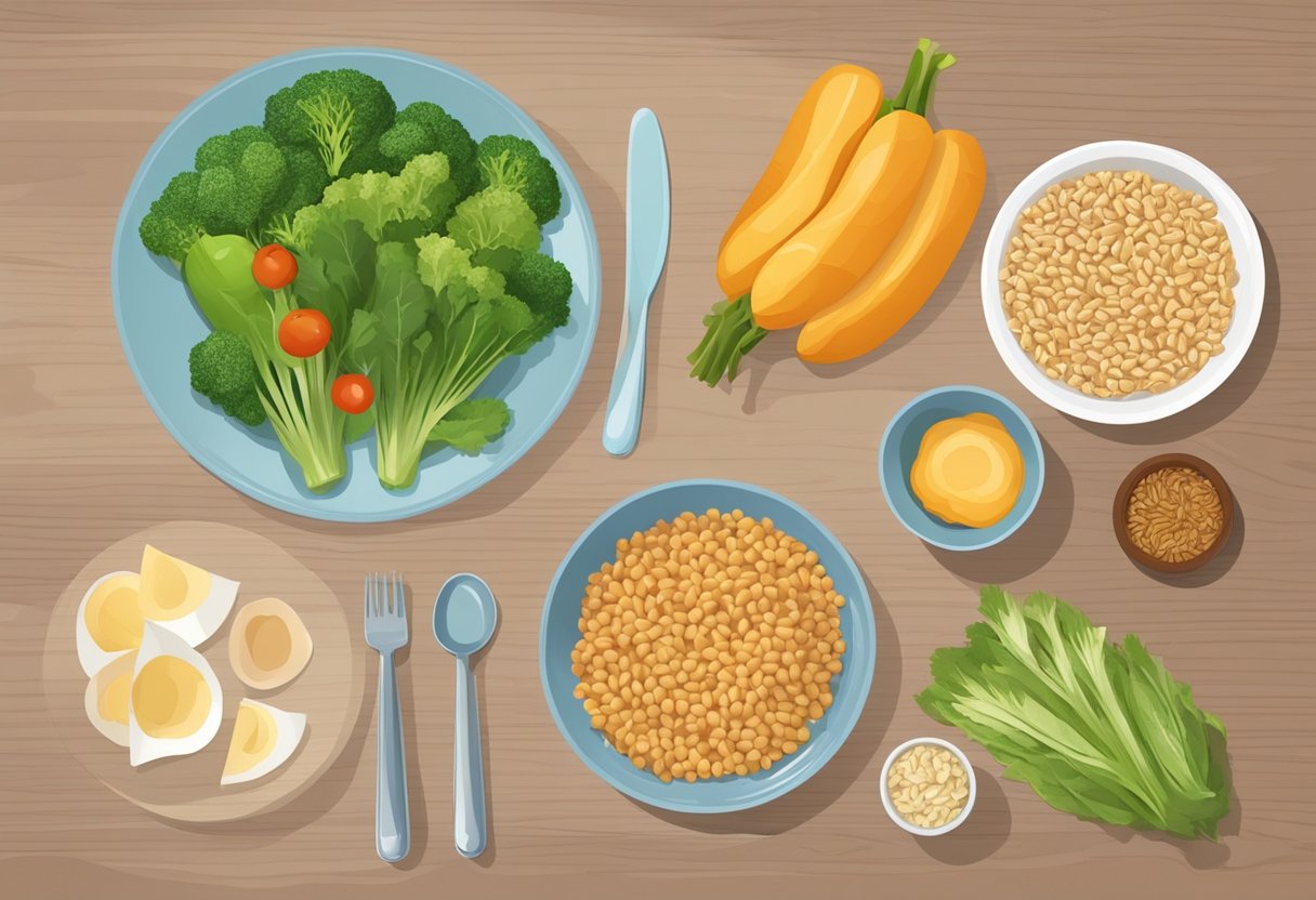 A plate with a balanced meal: half vegetables, a quarter lean protein, and a quarter whole grains. A measuring cup with a portion of carbohydrates on the side