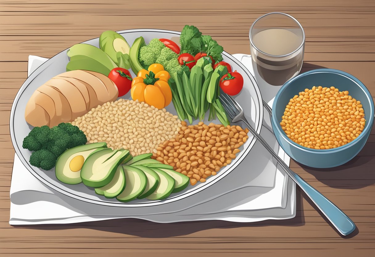 A plate with a balanced meal including whole grains, vegetables, and lean protein, alongside a measuring cup filled with a specific portion of carbohydrates