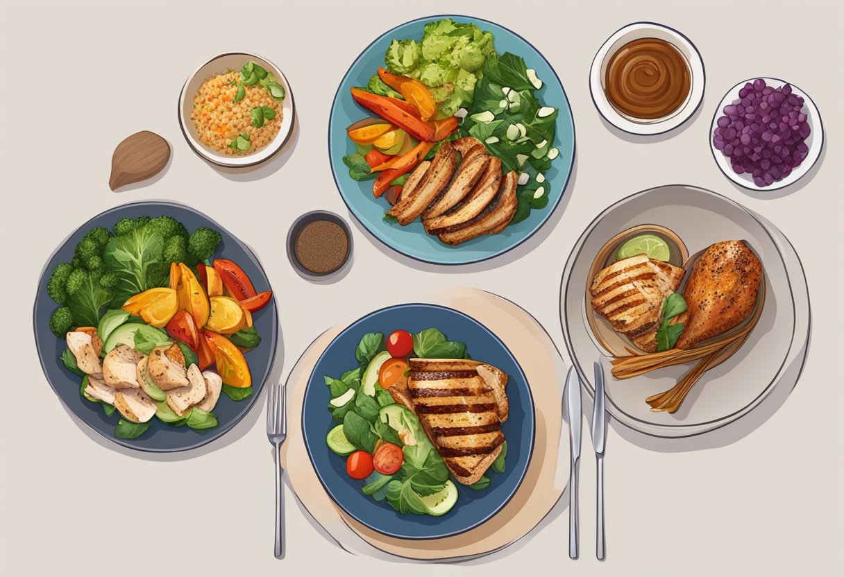 A table with three balanced meals: a colorful salad, grilled chicken with roasted vegetables, and a quinoa stir-fry with fresh fruits for dessert