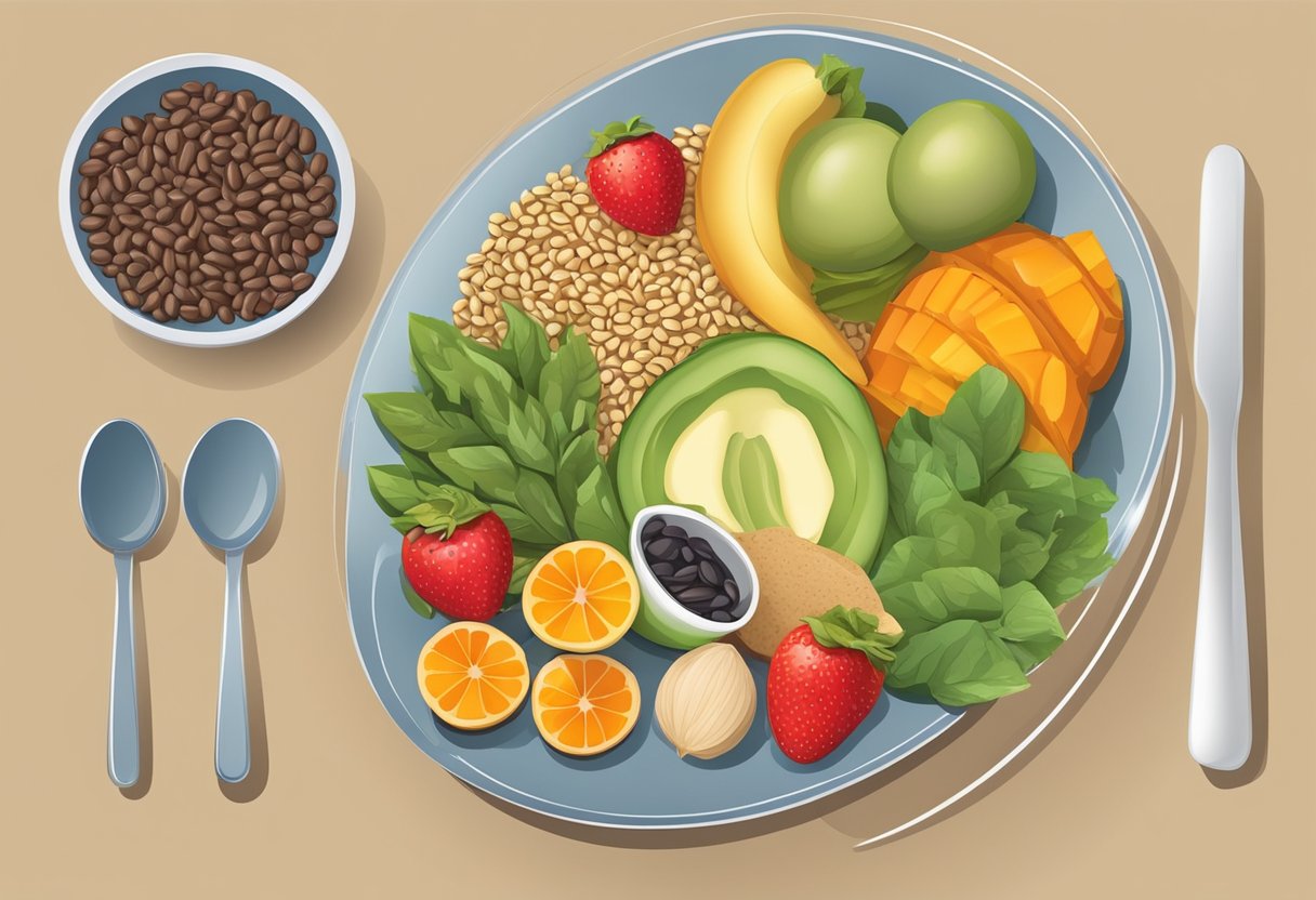 A plate with balanced portions of colorful fruits, vegetables, and whole grains, alongside a measuring cup filled with beans and nuts