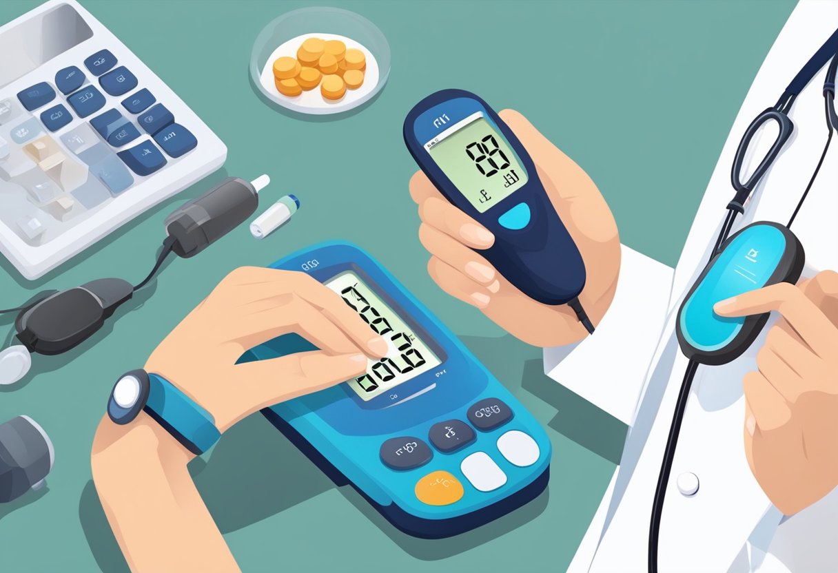 A doctor using a blood glucose meter to test a patient's blood sugar levels