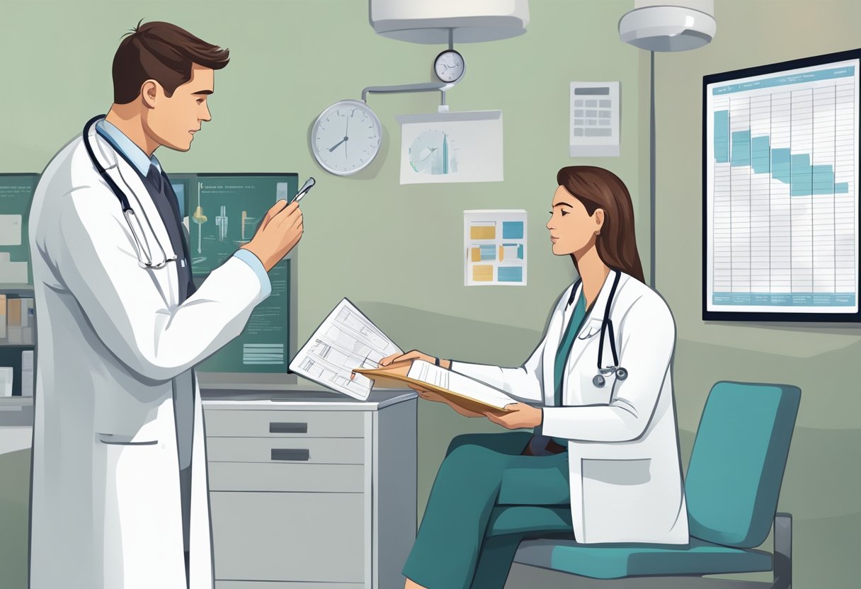 A doctor in a white coat holding a clipboard and discussing with a patient in a hospital room. A large chart on the wall shows risk factors and symptoms of diabetes type 2