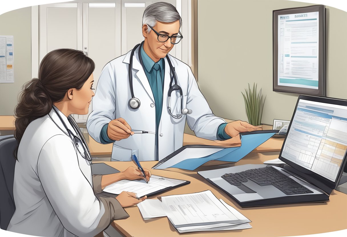 A doctor reviewing a patient's medical history, conducting a physical exam, and ordering blood tests to diagnose type 2 diabetes