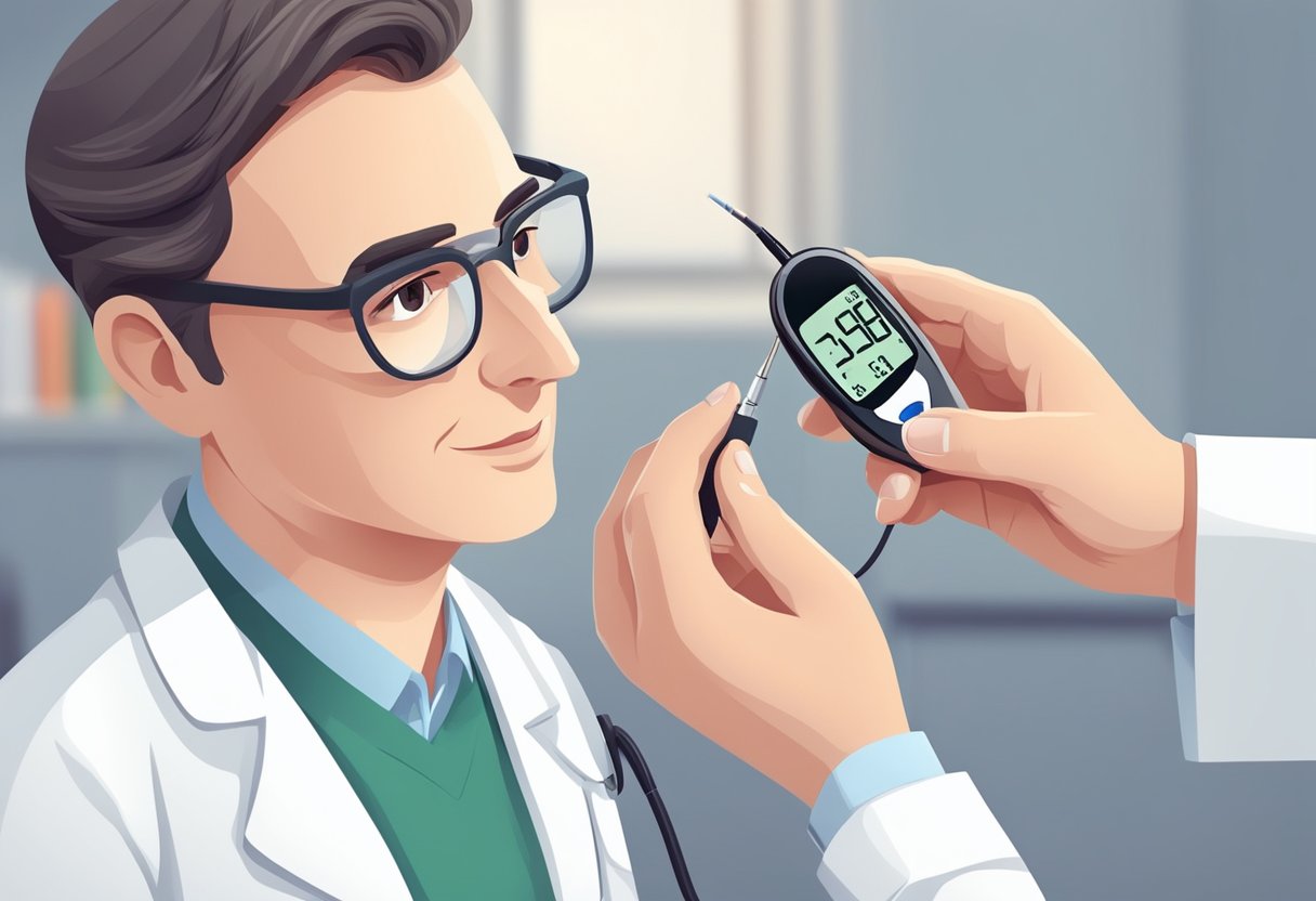 A doctor in a white coat using a blood glucose monitor on a patient's fingertip