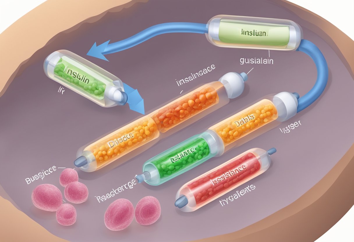 A diagram showing insulin resistance in cells, leading to high blood sugar levels and eventual development of type 2 diabetes