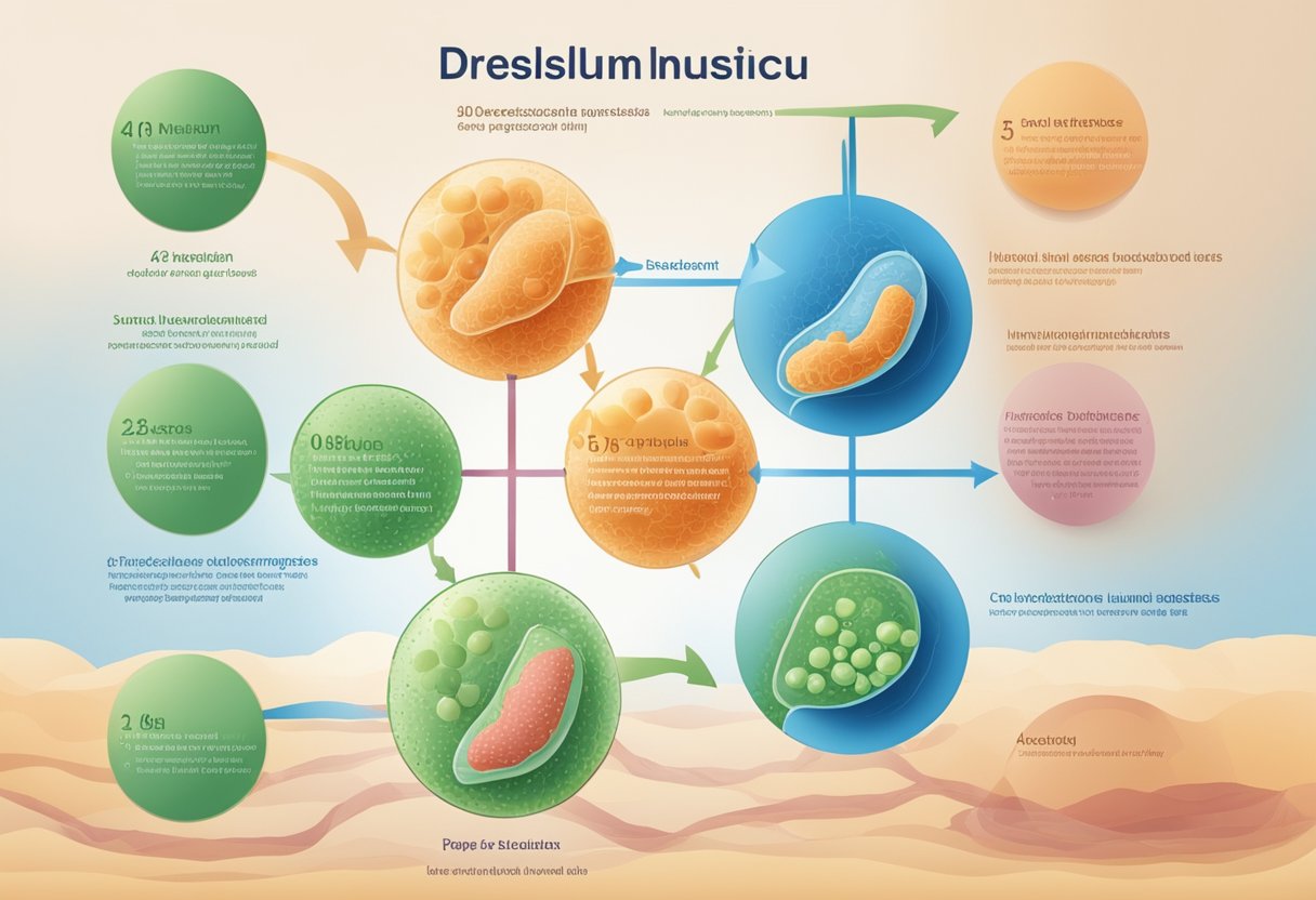 A diagram showing the progression of insulin resistance in cells leading to high blood sugar levels and the development of type 2 diabetes