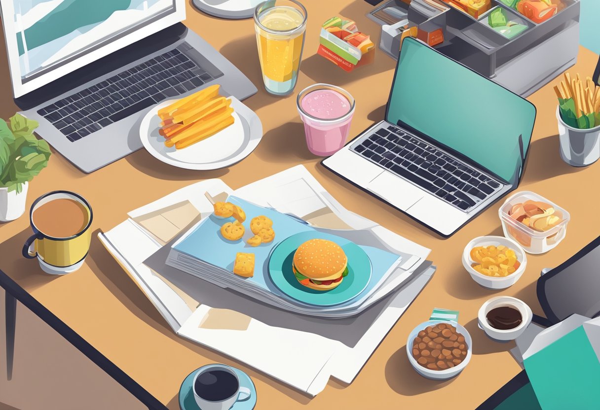 A table with unhealthy food and drink items next to a sedentary person's desk