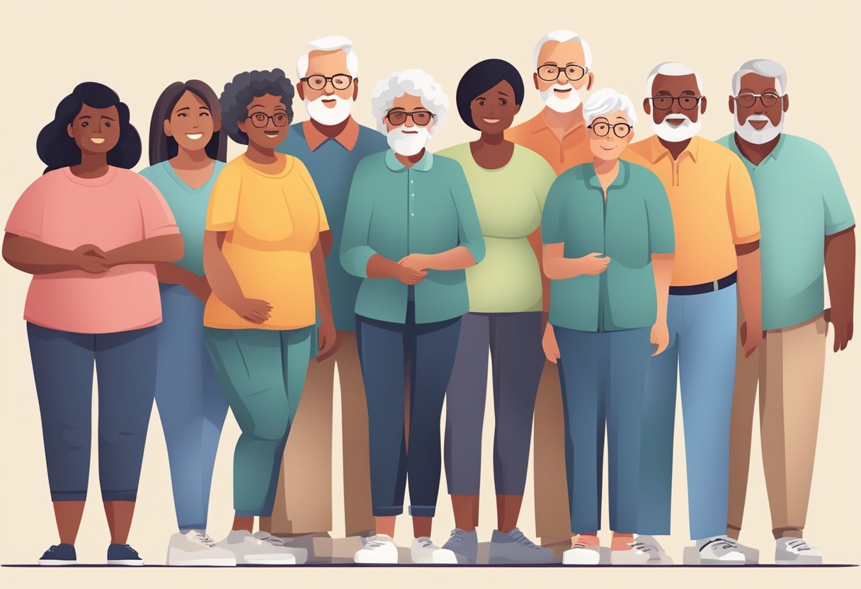 A group of diverse individuals with various ages and body types standing together, representing the prevalence of type 2 diabetes in the population