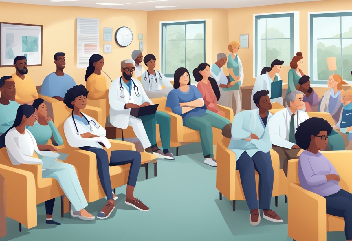 A crowded doctor's office with diverse patients waiting for appointments