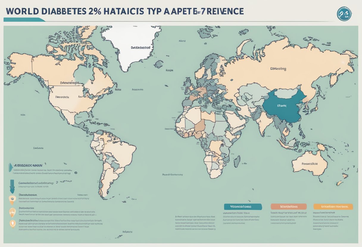 A world map with highlighted regions and a chart showing statistics on diabetes type 2 prevalence