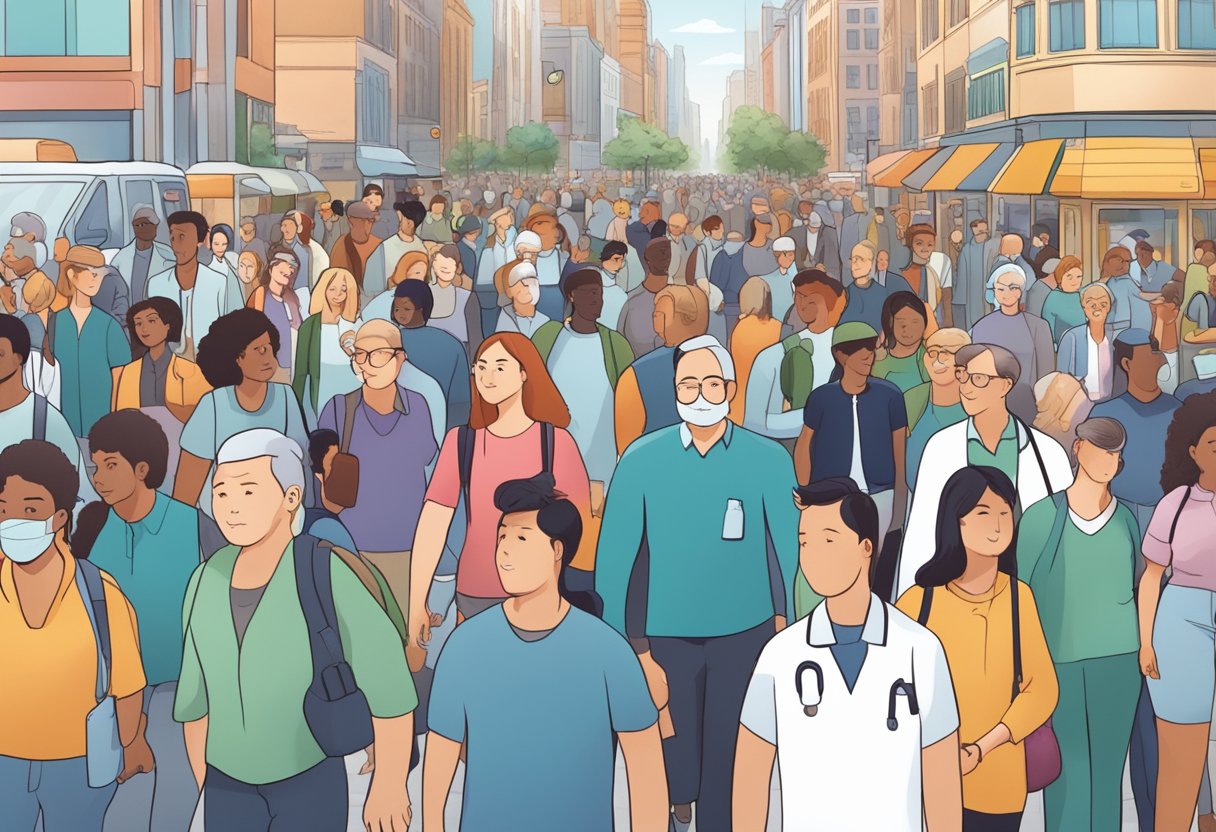 A crowded city street with various people of different ages and backgrounds, with a focus on a group of individuals receiving medical treatment for type 2 diabetes