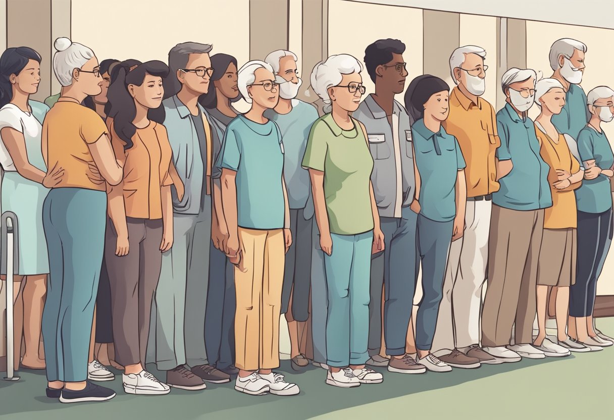 A group of people of various ages and backgrounds standing in line for a health screening, with a focus on a few individuals receiving blood sugar tests