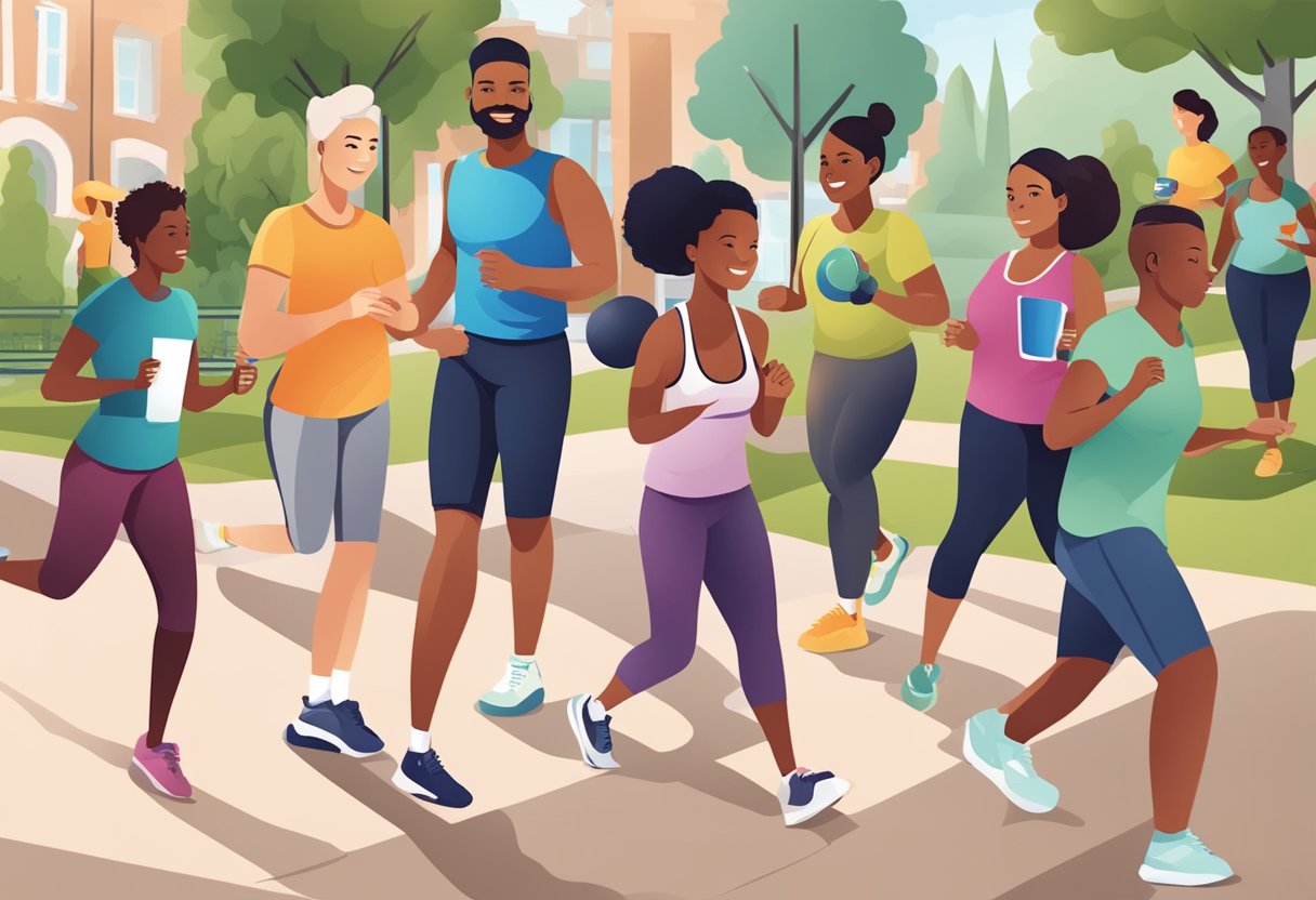 A group of diverse individuals engaging in physical activity outdoors, surrounded by healthy food options and informational posters about diabetes prevention