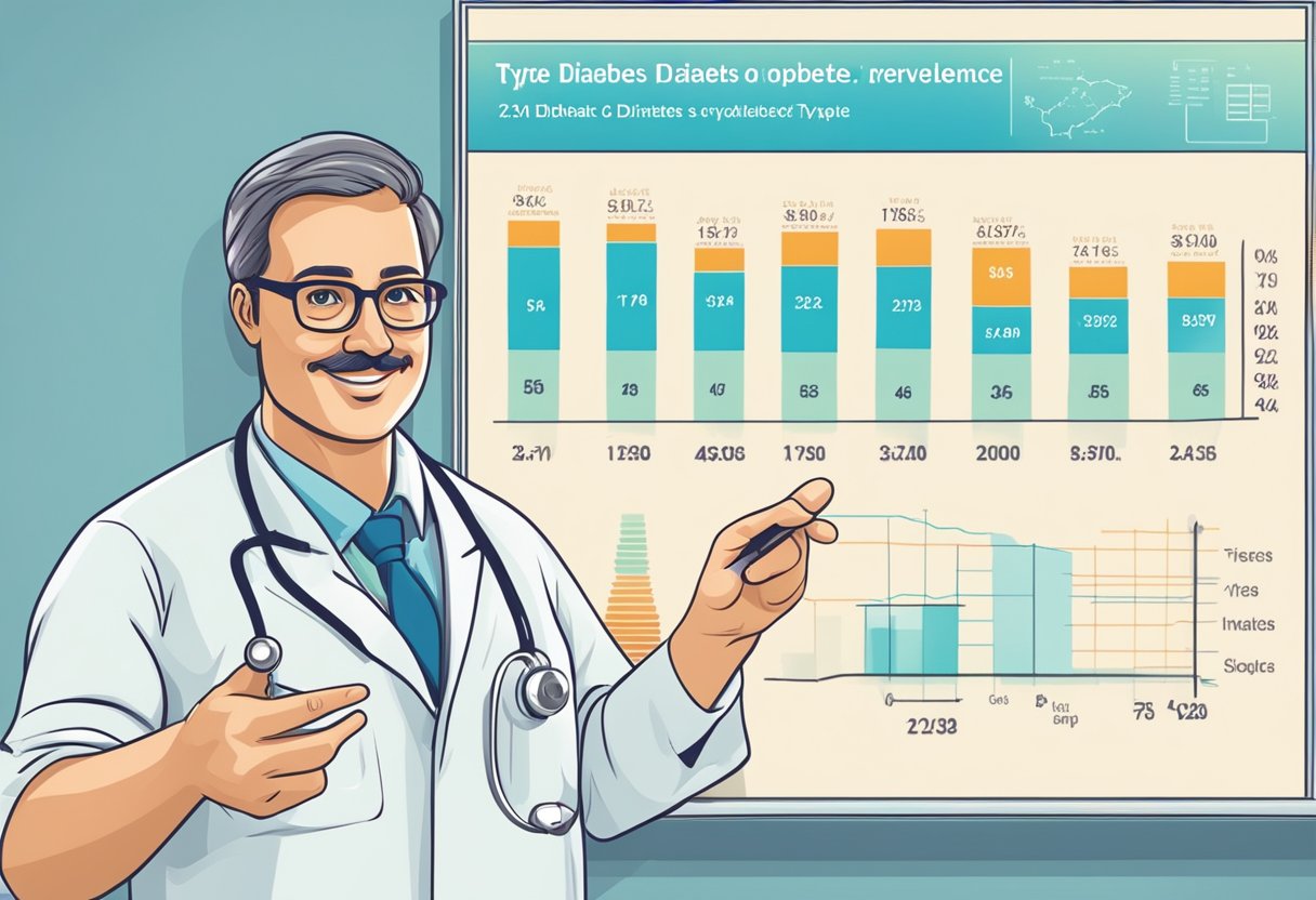 A doctor pointing to a chart showing statistics on type 2 diabetes prevalence