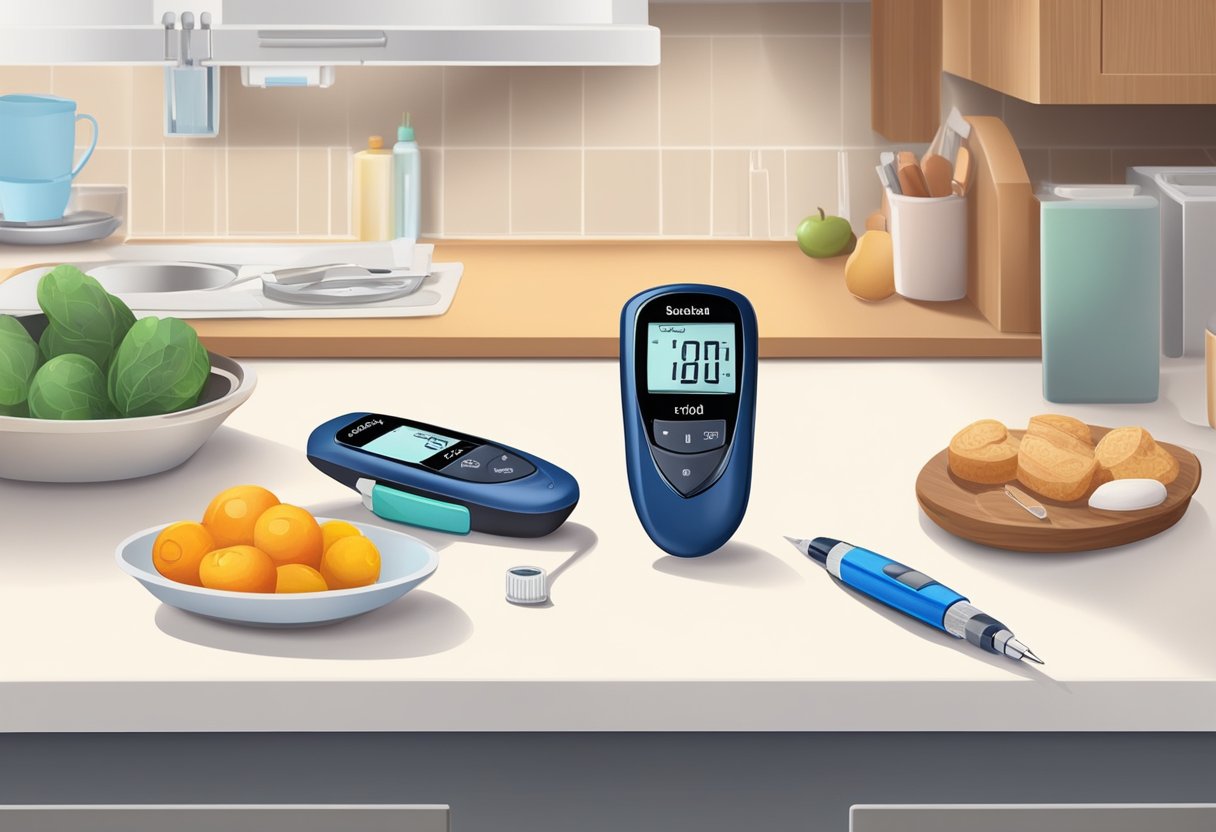 A person monitoring their blood sugar levels with a glucose meter and insulin pen on a kitchen counter