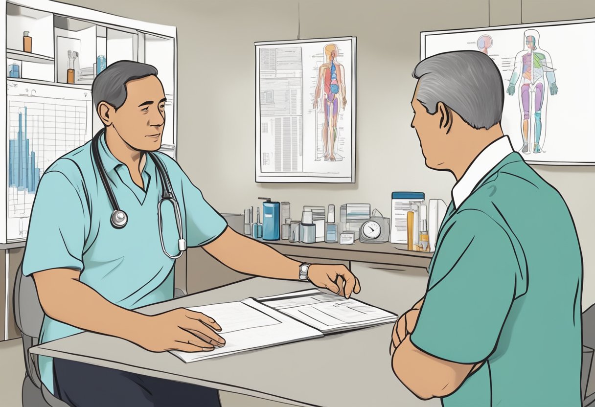 A doctor explaining Type 2 Diabetes to a patient using a diagram of the human body to illustrate the potential dangers