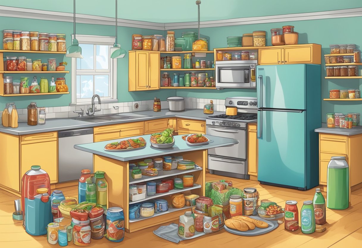 A kitchen filled with unhealthy processed foods and sugary drinks, surrounded by a lack of exercise equipment and sedentary activities