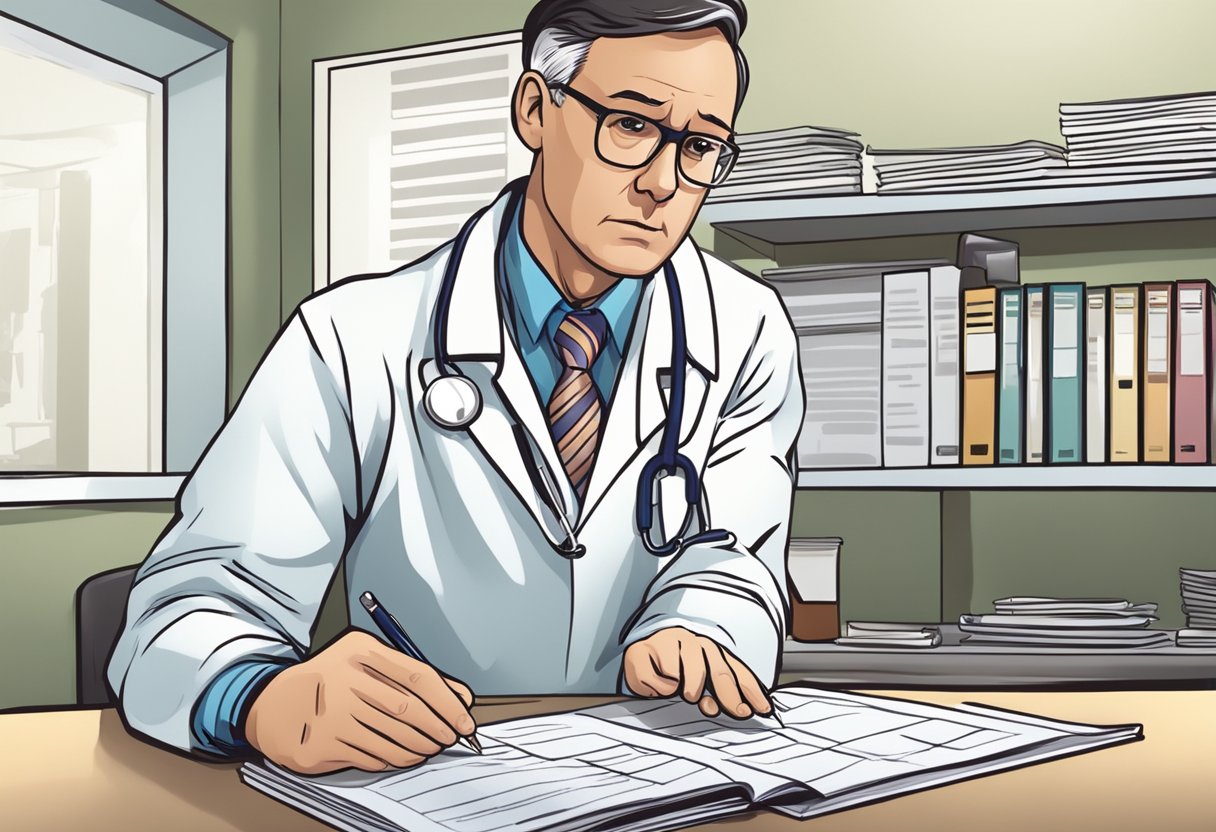 A doctor reviewing medical charts with a concerned expression