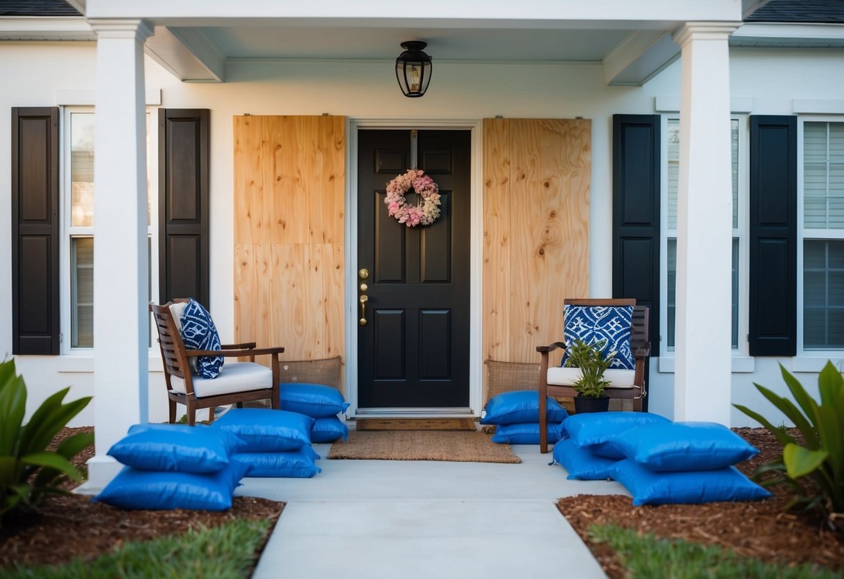 A home secured with boarded windows, sandbags at the door, and outdoor furniture brought inside to prepare for a hurricane