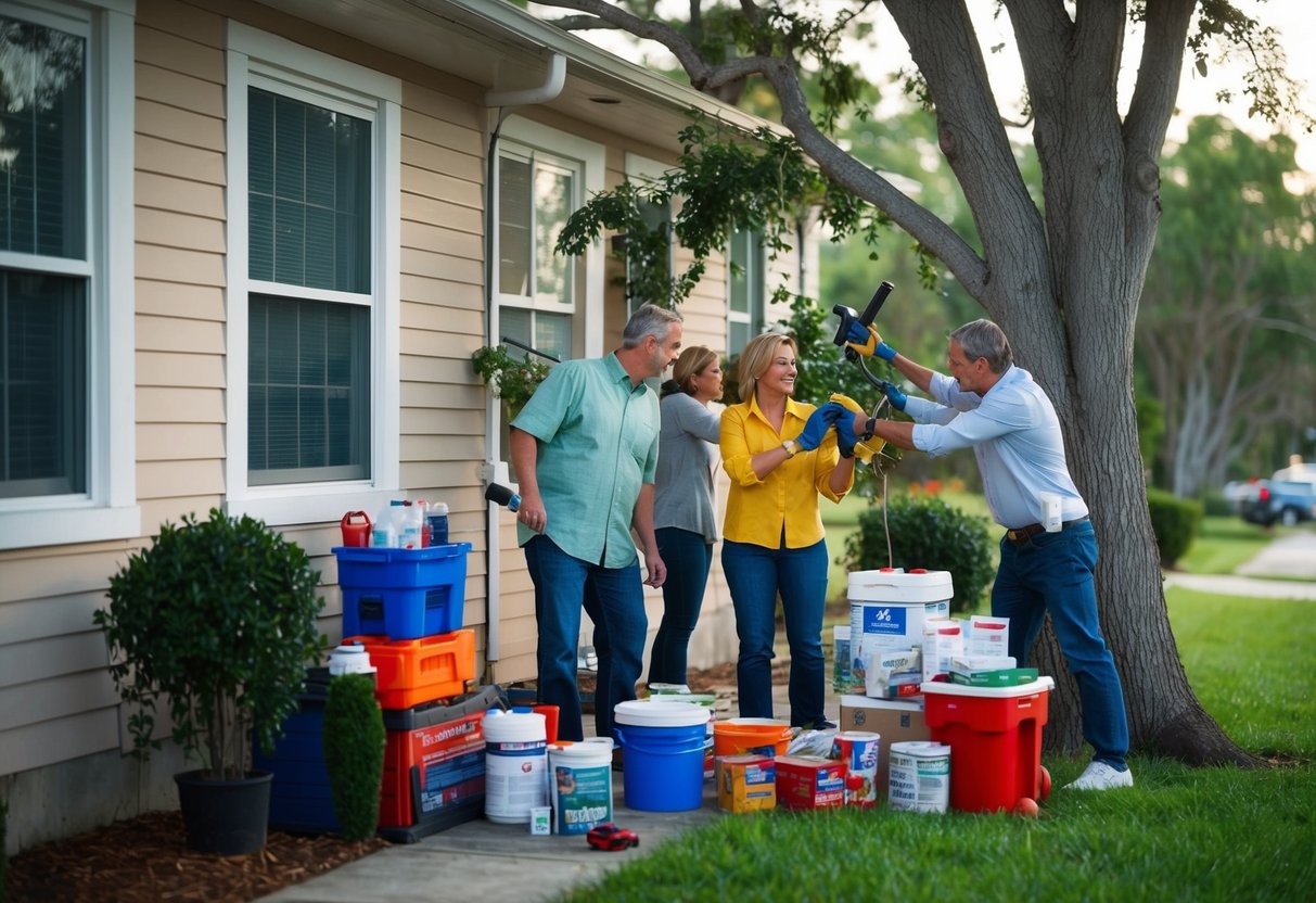 A family securing windows, trimming trees, and gathering emergency supplies for hurricane season