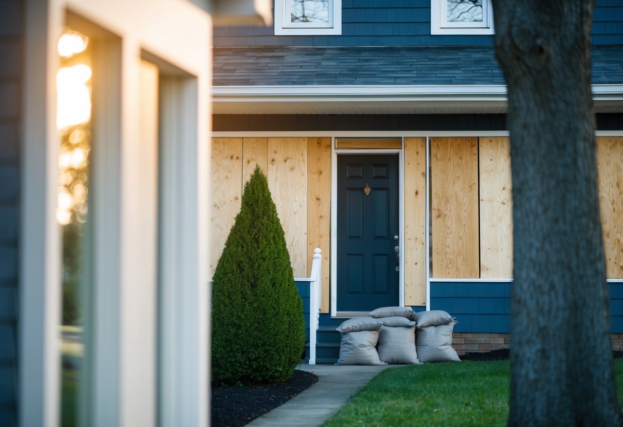 A house with boarded windows, sandbags at the door, and trimmed trees