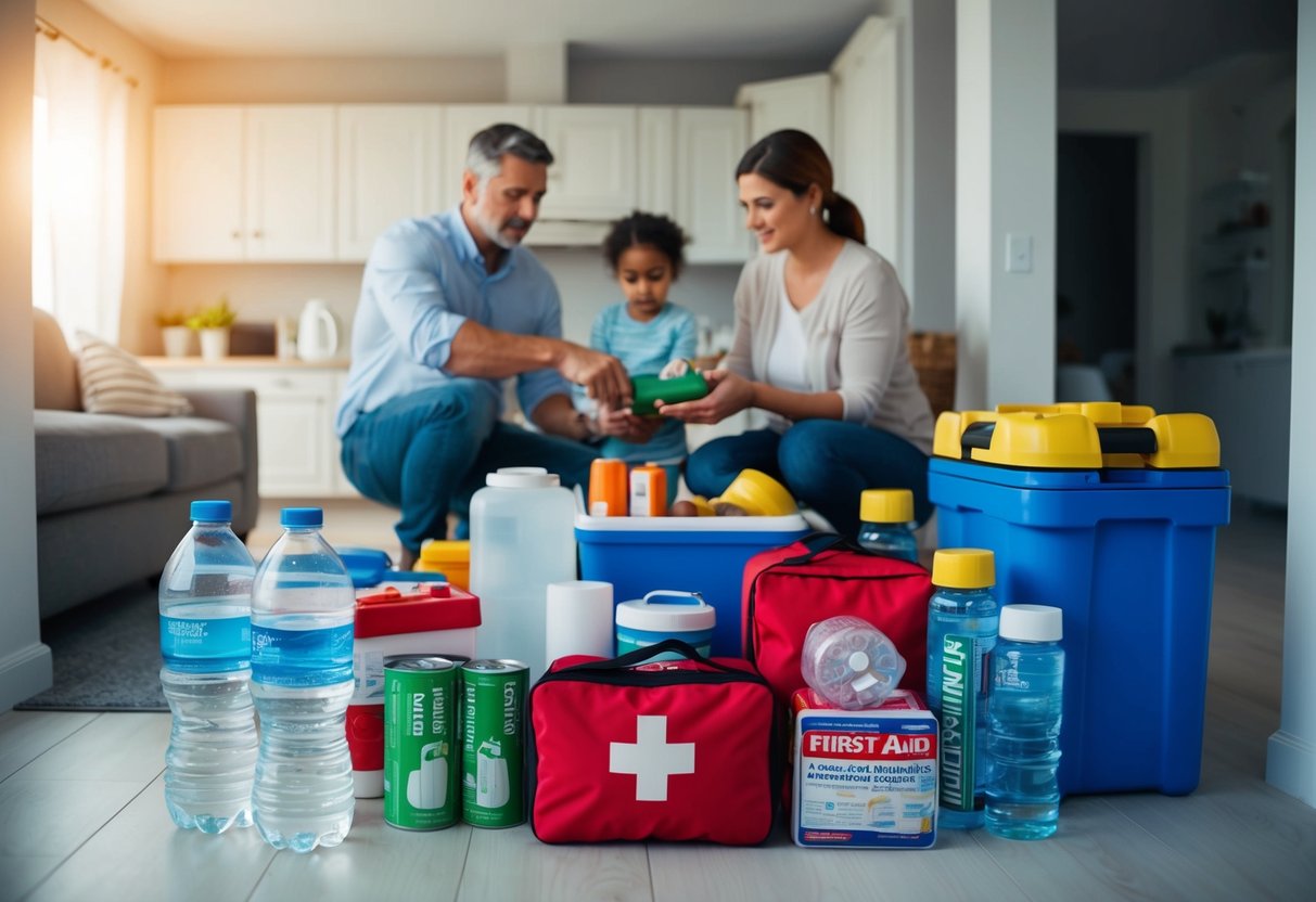 A family gathers emergency supplies in their home, including water, non-perishable food, flashlights, and a first aid kit, in preparation for a hurricane