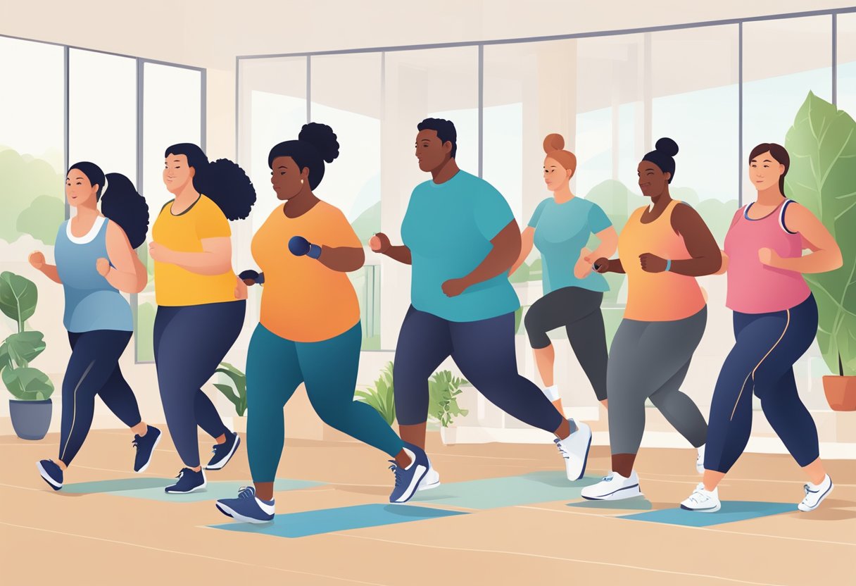 A group of diverse individuals engaging in physical activity and healthy eating habits, with a focus on prevention and management of diabetes type 2