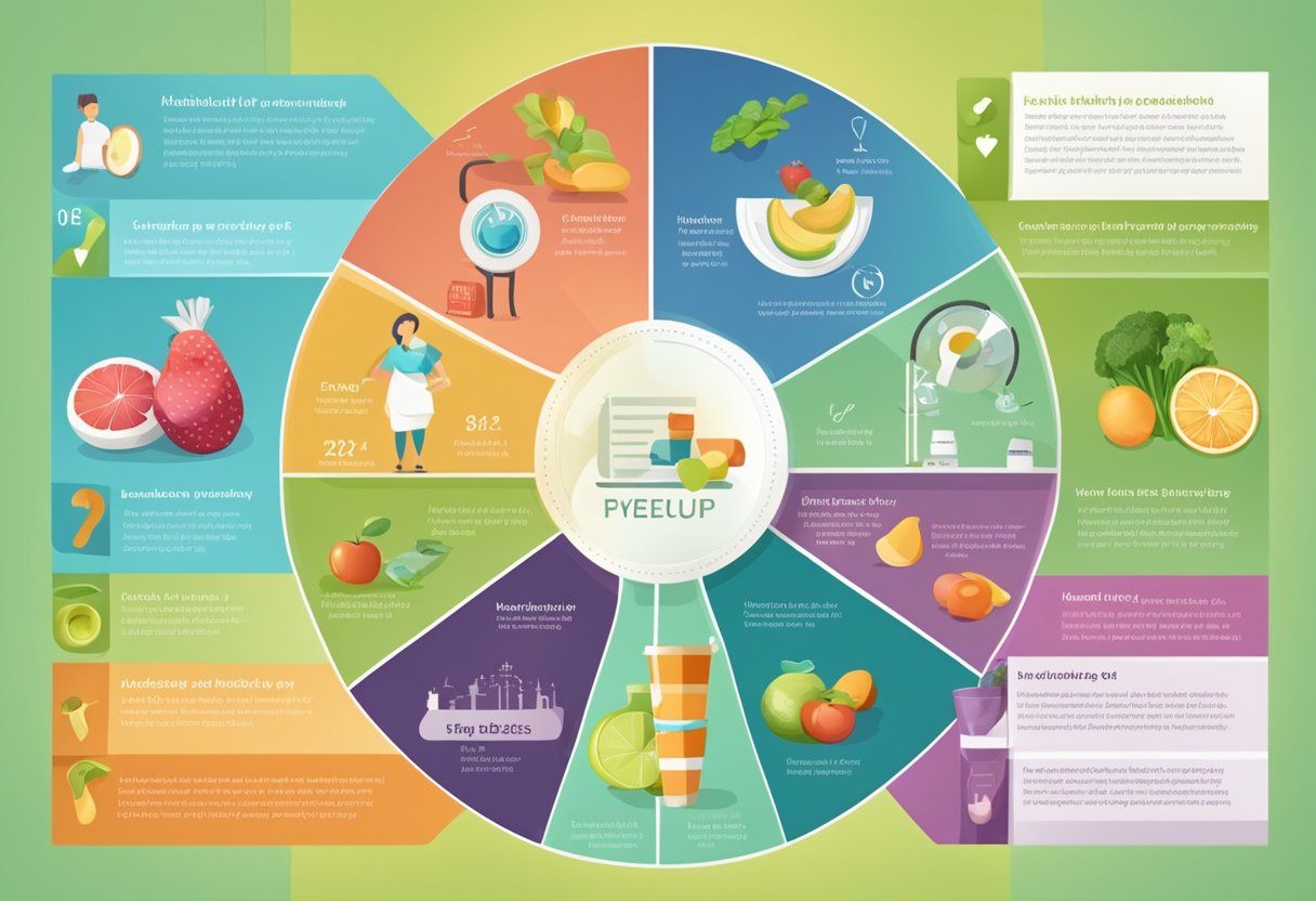 A colorful infographic showing healthy lifestyle habits such as exercise, balanced diet, and regular check-ups to prevent diabetes type 2