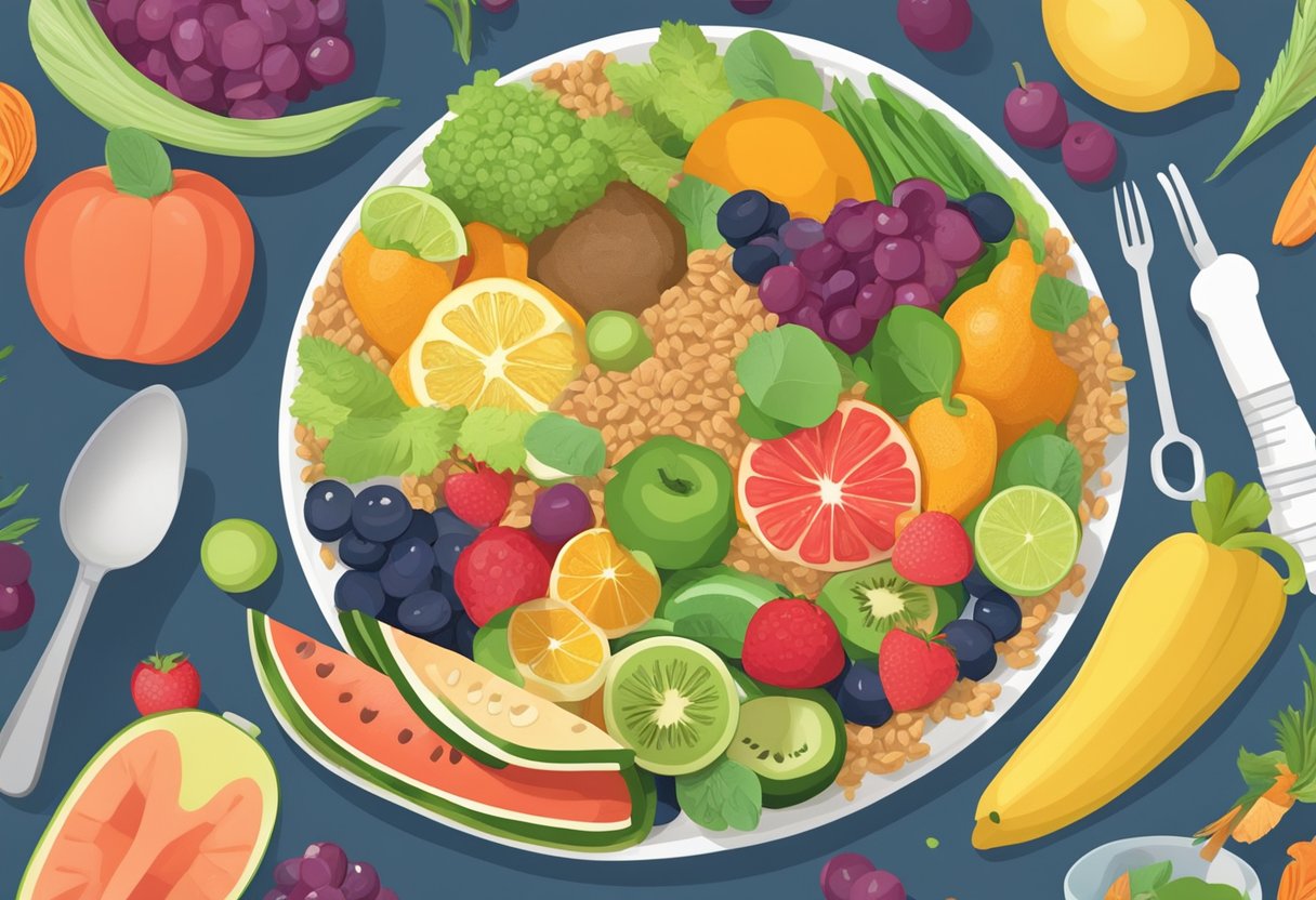 A colorful plate of fruits, vegetables, whole grains, and lean proteins, surrounded by a tape measure and a pair of running shoes