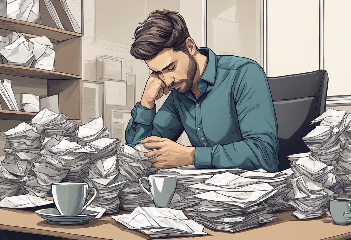 A person sitting at a desk, surrounded by empty coffee cups and crumpled papers, with a heavy-lidded expression