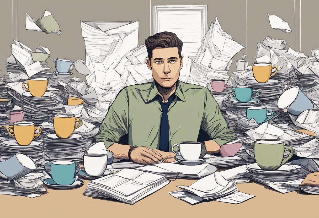 A person sitting at a desk, surrounded by empty coffee cups and crumpled papers, with a heavy-lidded, tired expression on their face