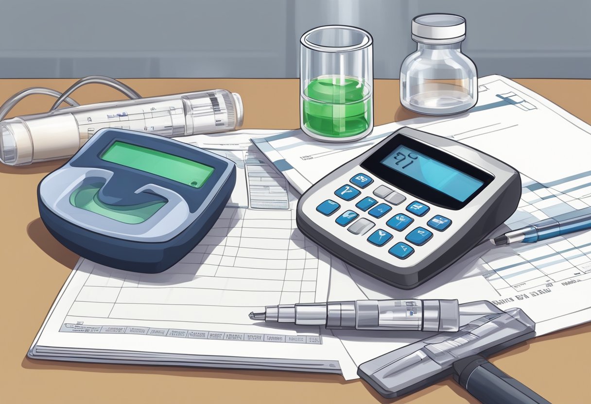 A doctor holding a vial of insulin next to a blood glucose meter and a prescription pad on a desk