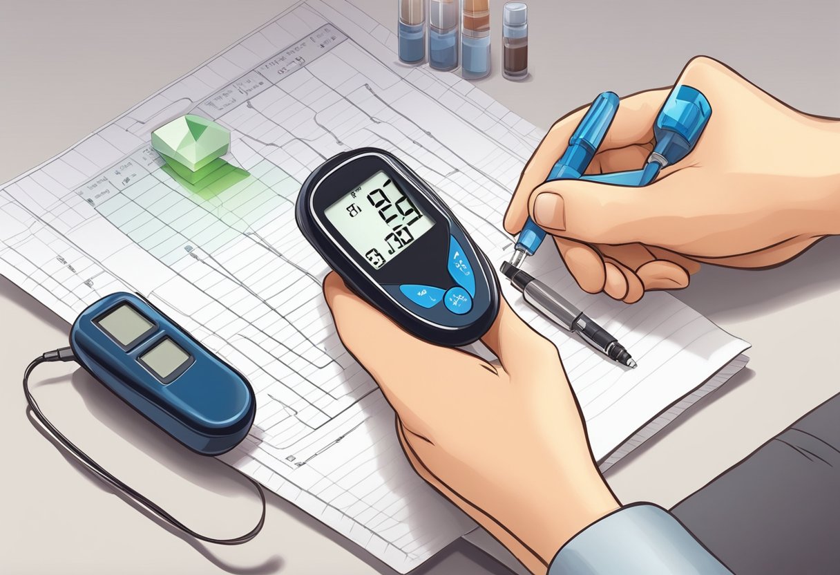 A person checking blood sugar levels with a glucose meter and insulin pen nearby