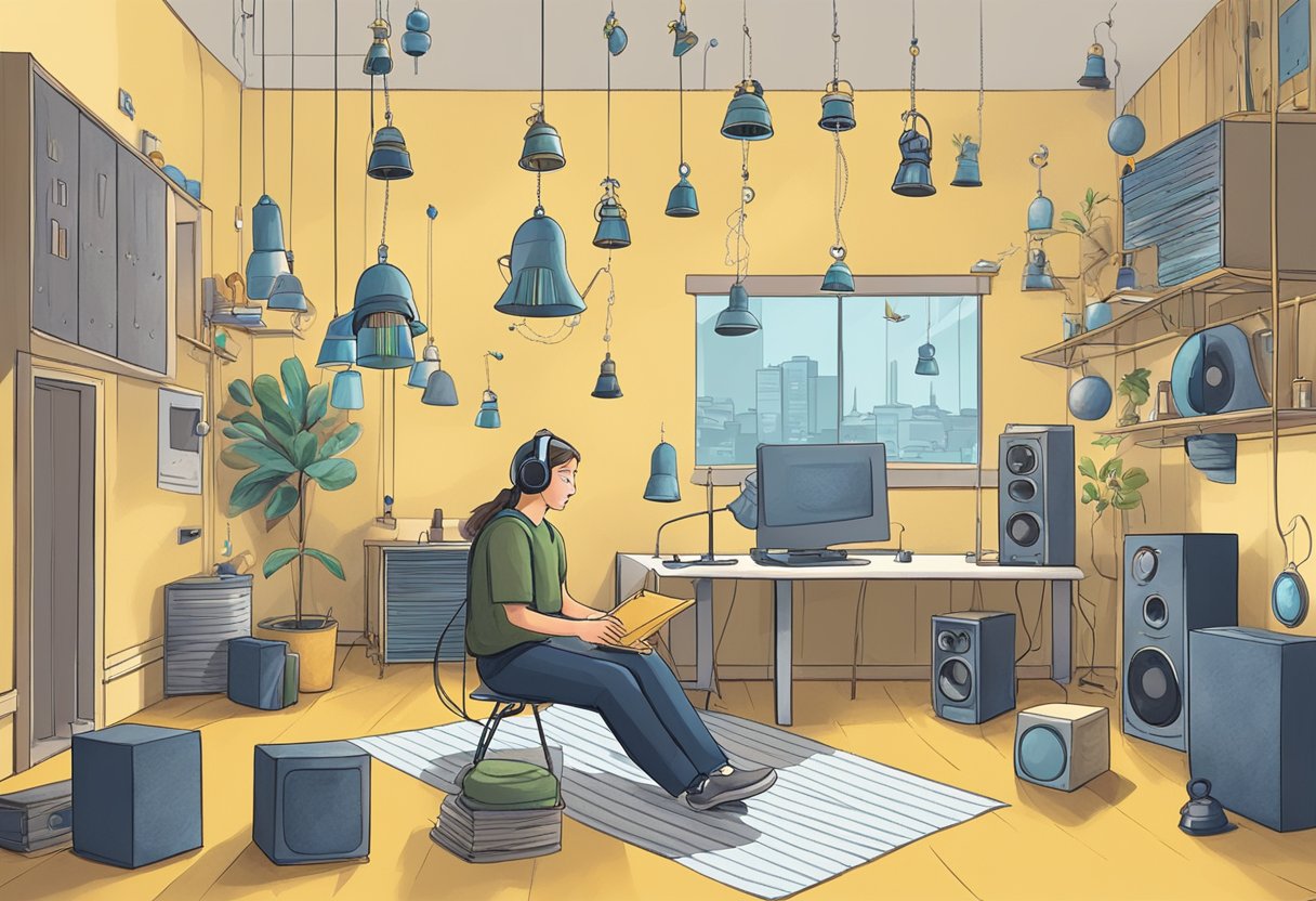 A person sitting in a quiet room, surrounded by various sound sources such as ringing bells, buzzing bees, and whistling wind