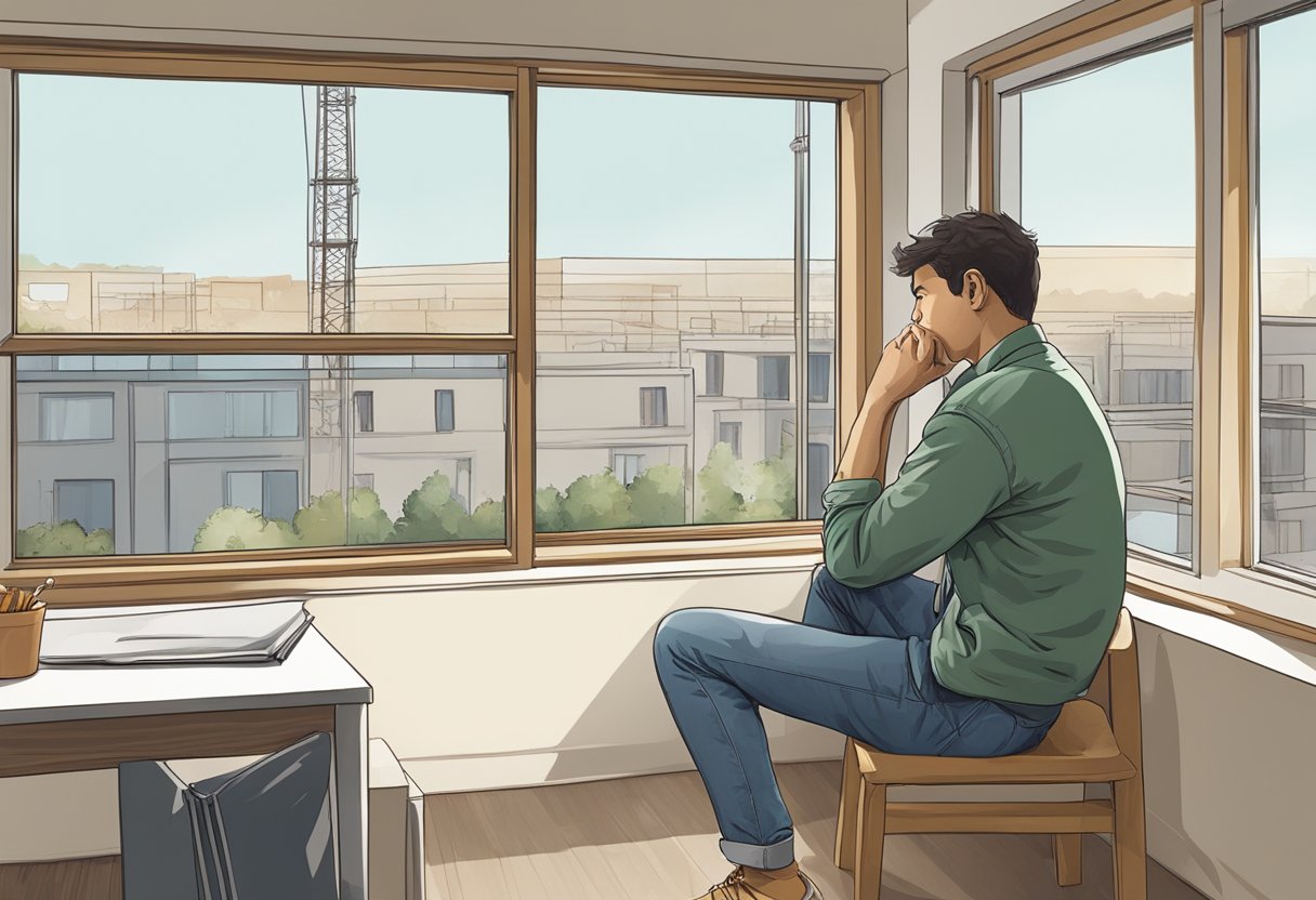 A person sitting alone in a quiet room, holding one hand to their ear with a concerned expression on their face. Outside the window, a loud construction site is visible