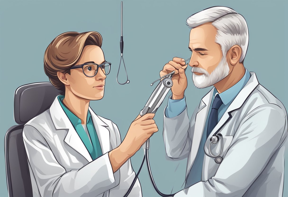 A doctor examining an ear with a medical instrument