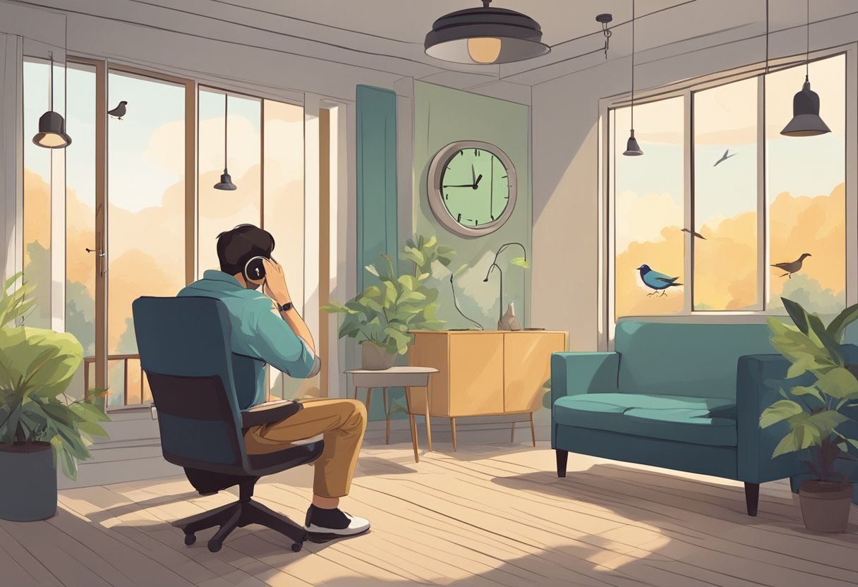 A person sits in a quiet room, hands covering ears. Clock on the wall shows passing time. Outside, birds chirp in a peaceful setting