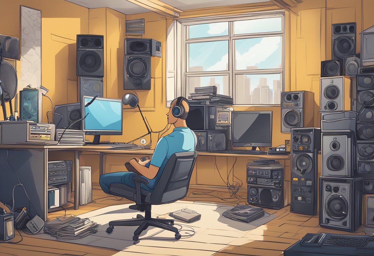 A person sitting in a quiet room, surrounded by various sources of noise such as a loud concert, construction site, and headphones at high volume